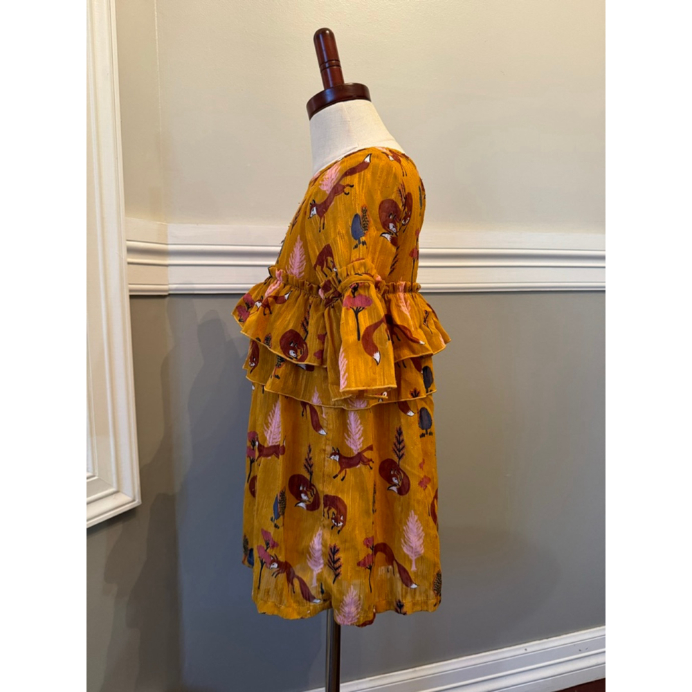 Genuine Kids from Oshkosh | Mustard Yellow Pink Fox Print Ruffle Dress | 4T - Picture 4 of 7